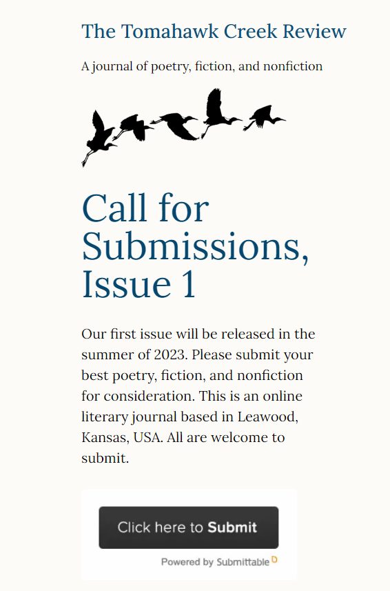 The submissions deadline for The Tomahawk Review's Issue 1 is June 1st. Until then, submit, submit, submit!